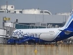 An IndiGo aircraft on the tarmac at Indira Gandhi International airport in New Delhi. (Bloomberg)