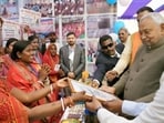 Bihar CM Nitish Kumar visits stalls during Samriddhi Yatra at Siwan, Thursday (HT PHOTO)