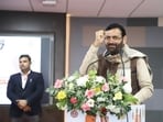 Haryana Chief Minister Nayab Singh Saini interact with representatives of startups, IT, and ITES during the pre-budget consultation meeting at IMT Manesar Sector 8 near MCM Office in Gurugram on Wednesday. (Parveen Kumar/HT)