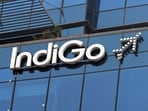 Signage at the headquarters of InterGlobe Aviation Ltd.'s IndiGo in Gurugram, Haryana.