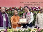 Lok Sabha Speaker Om Birla with Uttar Pradesh chief minister Yogi Adityanath and others during the closing ceremony of the 86th All India Presiding Officers’ Conference at the Legislative Assembly, in Lucknow on Wednesday. (PTI PHOTO)