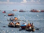 People enjoy boat rides at Sangam on the eve of 'Basant Panchami' amid the Magh Mela, in Prayagraj on Thursday. (ANI) People enjoy boat rides at Sangam on the eve of 'Basant Panchami' amid the Magh Mela, in Prayagraj on Thursday. (ANI)