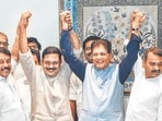 Union minister Piyush Goyal with Amma Makkal Munnetra Kazhagam (AMMK) President TTV Dhinakaran as the latter joins the NDA alliance in Chennai on Wednesday. (@NainarBJP)