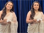 Rani Mukerji shines in elegant white saree for 30-year celebration in the film industry. Rani Mukerji shines in elegant white saree for 30-year celebration in the film industry.