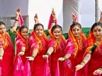 Performers from the Maharashtra tableaux during the press preview ahead of Republic Day Parade 2026, on Thursday.(Sanjeev Verma/HT Photo)