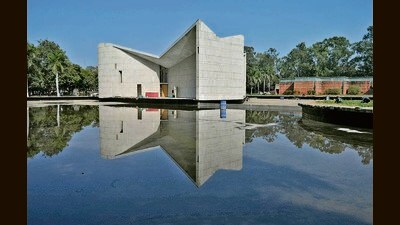 Completed in the early 1960s, Gandhi Bhawan was designed by BP Mathur in collaboration with Pierre Jeanneret. It stands apart from Chandigarh’s predominantly red stone heritage buildings, with its white modernist form symbolising peace and reflection. (Keshav Singh/HT)