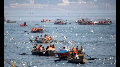People enjoy boat rides at Sangam on the eve of 'Basant Panchami' amid the Magh Mela, in Prayagraj on Thursday. (ANI)