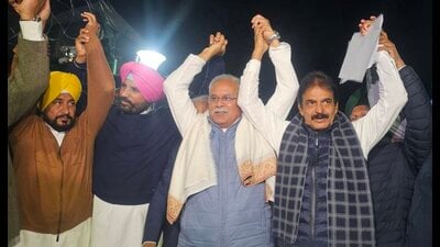 UNITED WE STAND: (From left) Ex-CM Charanjit Singh Channi, PPCC chief Amarinder Singh Raja Warring, Punjab in-charge Bhupesh Baghel and general secretary (organisation) KC Venugopal, after Congress meeting in Delhi. (Sourced) UNITED WE STAND: (From left) Ex-CM Charanjit Singh Channi, PPCC chief Amarinder Singh Raja Warring, Punjab in-charge Bhupesh Baghel and general secretary (organisation) KC Venugopal, after Congress meeting in Delhi. (Sourced)