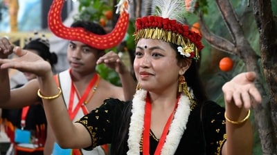 Visuals show tableaux artists from Manipur during the press preview of tableaux participating in Republic Day Parade 2026. (Sanjeev Verma/HT Photo) Visuals show tableaux artists from Manipur during the press preview of tableaux participating in Republic Day Parade 2026. (Sanjeev Verma/HT Photo)