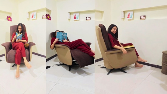 Interio by Godrej TuneIn recliner with USB ports, motorised adjustments, and muted brown fabric fits perfectly in a home office or reading corner. (Hindustan Times)