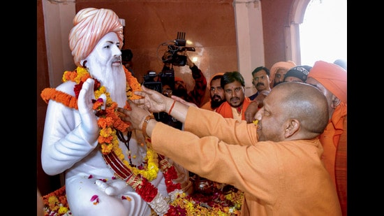 Uttar Pradesh chief minister Yogi Adityanath during the idol consecration ceremony and grand feast of eight maans in Sonepaton Thursday. (PTI)