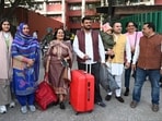 AAP councillors coming out of the MC office after filing their nominations for the mayoral polls on Thursday. (Keshav Singh/HT)