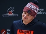 New England Patriots QB Drake Maye answers a question. The New England Patriots advance to the AFC Championship Game against the Denver Broncos on January 25. Here's the last time they won.  Friday, Jan. 23, 2026, in Foxborough, Mass. (AP Photo/Charles Krupa)