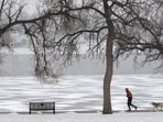A runner and his dog circle a frozen Prospect Lake in Colorado Springs, Colo., Friday A runner and his dog circle a frozen Prospect Lake in Colorado Springs, Colo., Friday