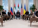 UAE President Sheikh Mohamed bin Zayed al-Nahyan (C) speaking with the heads of delegations participating in the UAE-hosted trilateral talks between the US, Russia and Ukraine, at the Al Shati Palace in Abu Dhabi. 