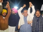 UNITED WE STAND: (From left) Ex-CM Charanjit Singh Channi, PPCC chief Amarinder Singh Raja Warring, Punjab in-charge Bhupesh Baghel and general secretary (organisation) KC Venugopal, after Congress meeting in Delhi. (Sourced)