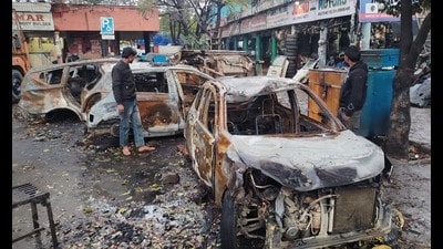 Charred remains of vehicles at the motor market in Manimajra on Friday. (Sant Arora/HT) Charred remains of vehicles at the motor market in Manimajra on Friday. (Sant Arora/HT)