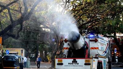 Navi Mumbai, India - December 10, 2025: NMMC uses an anti smog gun truck as a preventive measure to tackle Air Pollution at Vashi, in Navi Mumbai, India, on Sunday, November 12, 2023. (Photo by Bachchan Kumar/ Hindustan Times) (HT PHOTO) Navi Mumbai, India - December 10, 2025: NMMC uses an anti smog gun truck as a preventive measure to tackle Air Pollution at Vashi, in Navi Mumbai, India, on Sunday, November 12, 2023. (Photo by Bachchan Kumar/ Hindustan Times) (HT PHOTO)