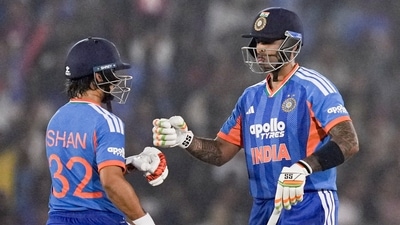 Suryakumar Yadav was all praise for Ishan Kishan after his incredible knock in Raipur. (PTI) Suryakumar Yadav was all praise for Ishan Kishan after his incredible knock in Raipur. (PTI)