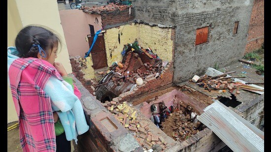 The collapsed roof of a house in Manimajra on Friday. (Sant Arora /HT)