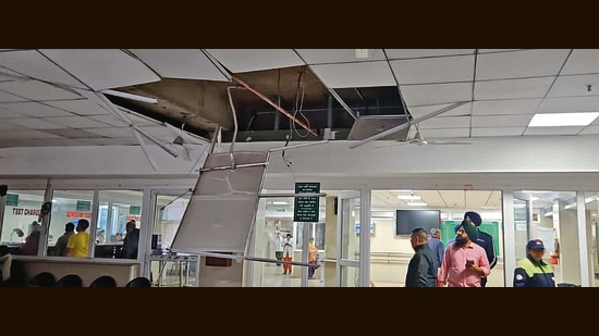 The damaged ceiling panels at the new trauma centre at Government Medical College and Hospital, Sector 32, on Friday.
