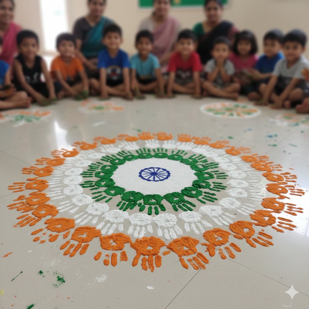 Handprints in skin-safe tricolour paints symbolises citizens' role in building the nation. (Made using Gemini AI) Handprints in skin-safe tricolour paints symbolises citizens' role in building the nation. (Made using Gemini AI)
