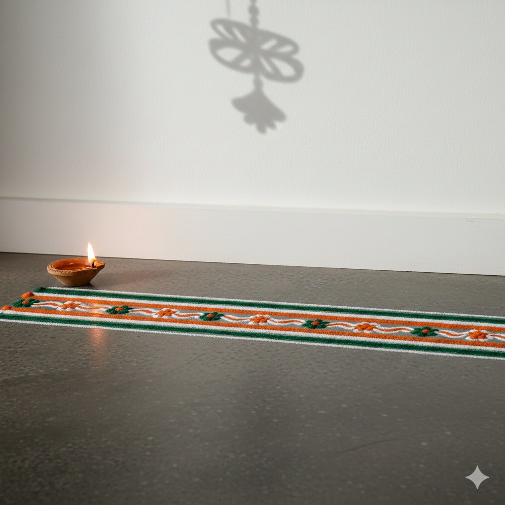 Go minimal with a tricolour border along the edges with small dots, wavy lines, or flower motifs. (Made using Gemini AI) Go minimal with a tricolour border along the edges with small dots, wavy lines, or flower motifs. (Made using Gemini AI)