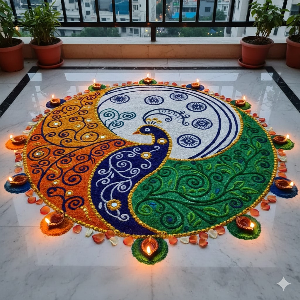 Go for vibrant blues for the peacock's body and feathers in shades of the Tiranga. (Made using Gemini AI) Go for vibrant blues for the peacock's body and feathers in shades of the Tiranga. (Made using Gemini AI)