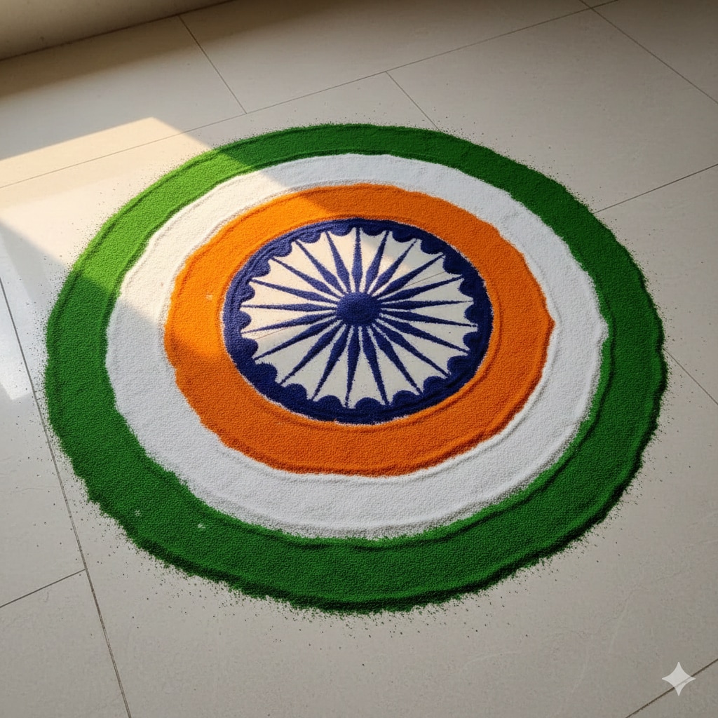 A bold, navy blue Ashoka Chakra at the center, surrounded by concentric circles of saffron, white, and green. (Made using Gemini AI) A bold, navy blue Ashoka Chakra at the center, surrounded by concentric circles of saffron, white, and green. (Made using Gemini AI)