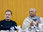 Congress chief Mallikarjun Kharge with LoP in the Lok Sabha Rahul Gandhi during a meeting with the party’s Kerala unit in New Delhi. (PTI) Congress chief Mallikarjun Kharge with LoP in the Lok Sabha Rahul Gandhi during a meeting with the party’s Kerala unit in New Delhi. (PTI)