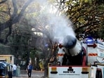 Navi Mumbai, India - December 10, 2025: NMMC uses an anti smog gun truck as a preventive measure to tackle Air Pollution at Vashi, in Navi Mumbai, India, on Sunday, November 12, 2023. (Photo by Bachchan Kumar/ Hindustan Times) (HT PHOTO)