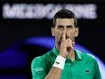 Novak Djokovic shushes the crowd during his win over Botic van de Zandschulp.