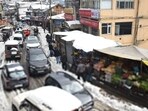 Traffic jam in Shimla after heavy snowfall in Shimla. on Saturday. (Deepak Sansta/HT)