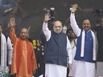 Union home minister Amit Shah with chief minister Yogi Adityanath, deputy CMs Keshav Prasad Maurya and Brajesh Pathak, and BJP state president Pankaj Chaudhary during the inaugural ceremony of 75th UP Diwas at Rashtra Prerna Sthal in Lucknow on Saturday. (Deepak Gupta/HT)