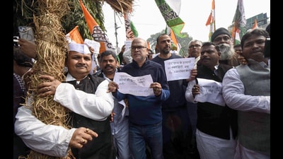 Bihar Congress in-charge Krishna Allavaru and Bihar Congress President Rajesh Kumar Ram protest following the alleged rape and murder of a female NEET student in Patna. (AFTAB ALAM SIDDIQUI/ANI) Bihar Congress in-charge Krishna Allavaru and Bihar Congress President Rajesh Kumar Ram protest following the alleged rape and murder of a female NEET student in Patna. (AFTAB ALAM SIDDIQUI/ANI)
