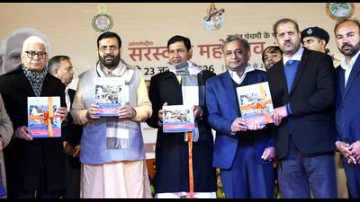 Haryana chief minister Nayab Singh Saini released a scholarly book on the Saraswati River during the ongoing Saraswati Mahotsav at Pehowa, Kurukshetra University on Saturday. (HT)