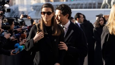 Matteo Marzotto and his partner Nora Shkreli arrive at the funeral ceremony for the late Italian fashion designer Valentino Gavarani.&nbsp; (AFP)