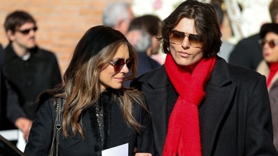 Actor Liz Hurley and her son, Damian Hurley, were seen emotional as they paid their respects and said their goodbyes to the fashion designer Valentino Garavani, who died at the age of 93.&nbsp; (REUTERS)