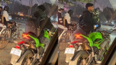A brief moment at a traffic signal showed a biker letting a cyclist pose on his superbike. (Instagram/thewisestfool_rishi ) A brief moment at a traffic signal showed a biker letting a cyclist pose on his superbike. (Instagram/thewisestfool_rishi )