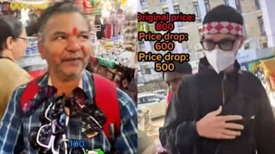 Foreign tourists were filmed negotiating with an Indian vendor as the quoted price fell step by step. (Instagram/amina_finds) Foreign tourists were filmed negotiating with an Indian vendor as the quoted price fell step by step. (Instagram/amina_finds)