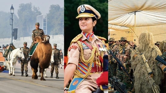 Indian Army's animal contingent (Left), Simran Bala (Centre) and the newly raise Bhairav units (Right), will march past at the Kartavya Path during Republic Day Parade 2026. (Photos: ANI, X and Instagram)