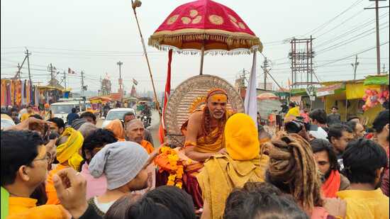 Swami Avimukteshwaranand Saraswati touring the Mela area on Saturday. (Anil Kumar Maurya/HT)