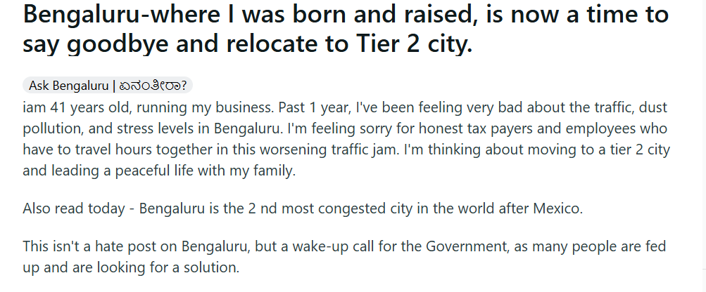 A man’s post on Reddit about Bengaluru. (Screengrab (Reddit)) A man’s post on Reddit about Bengaluru. (Screengrab (Reddit))