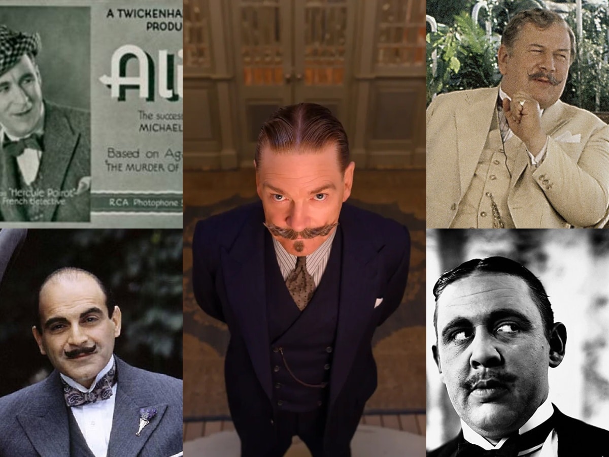 Hercule Poirot, as portrayed by (from top left) Austin Trevor, Kenneth Branagh, Peter Ustinov, Charles Laughton and David Suchet. Hercule Poirot, as portrayed by (from top left) Austin Trevor, Kenneth Branagh, Peter Ustinov, Charles Laughton and David Suchet.