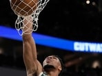 Giannis Antetokounmpo of the Milwaukee Bucks dunks the ball against the Oklahoma City Thunder at Fiserv Forum. Giannis Antetokounmpo of the Milwaukee Bucks dunks the ball against the Oklahoma City Thunder at Fiserv Forum.