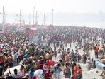 Devotees gather in large numbers at the Magh Mela Kshetra to take a holy dip at Sangam on the occasion of 'Achala Saptami', in Prayagraj on Sunday. (ANI)