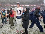 New England Patriots quarterback Drake Maye (10) speaks after the AFC Championship game