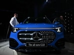 The logo of a Mercedes Benz GLB type is seen during the launch of its series production at the plant in  Kecskemet, Hungary on January 19, 2026. (Photo by Attila KISBENEDEK / AFP)