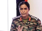 Colonel Sofiya Qureshi addresses a gathering during the Indian Army's 'Young Leaders Forum' in New Delhi