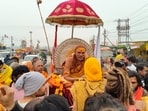 Swami Avimukteshwaranand Saraswati touring the Mela area on Saturday. (Anil Kumar Maurya/HT) Swami Avimukteshwaranand Saraswati touring the Mela area on Saturday. (Anil Kumar Maurya/HT)